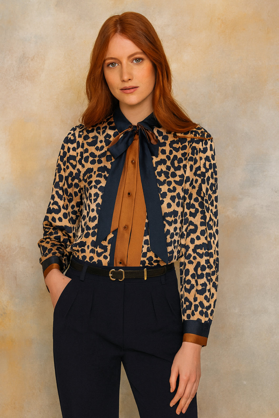 Laura Pussybow Leopard Shirt Tan/Navy
