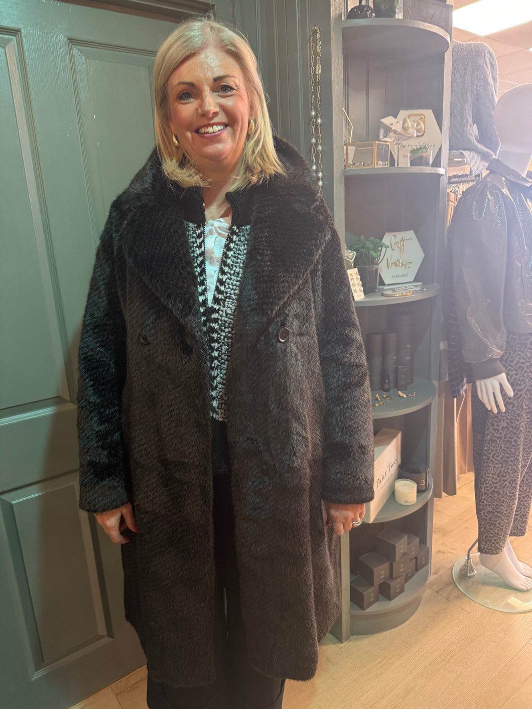 Etage Faux Fur Brown Herringbone Coat