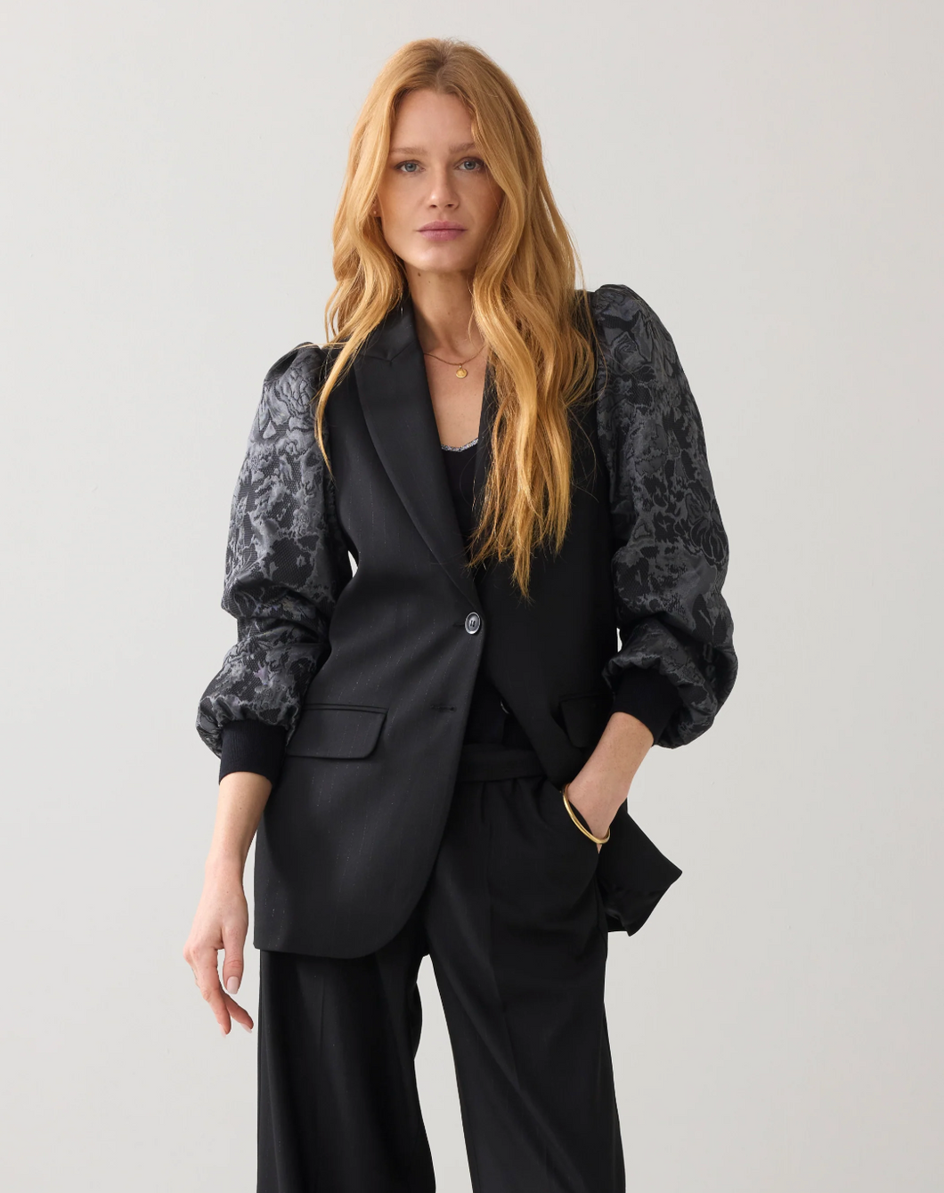 Summum Pinstripe Blazer with Jacquard Sleeve